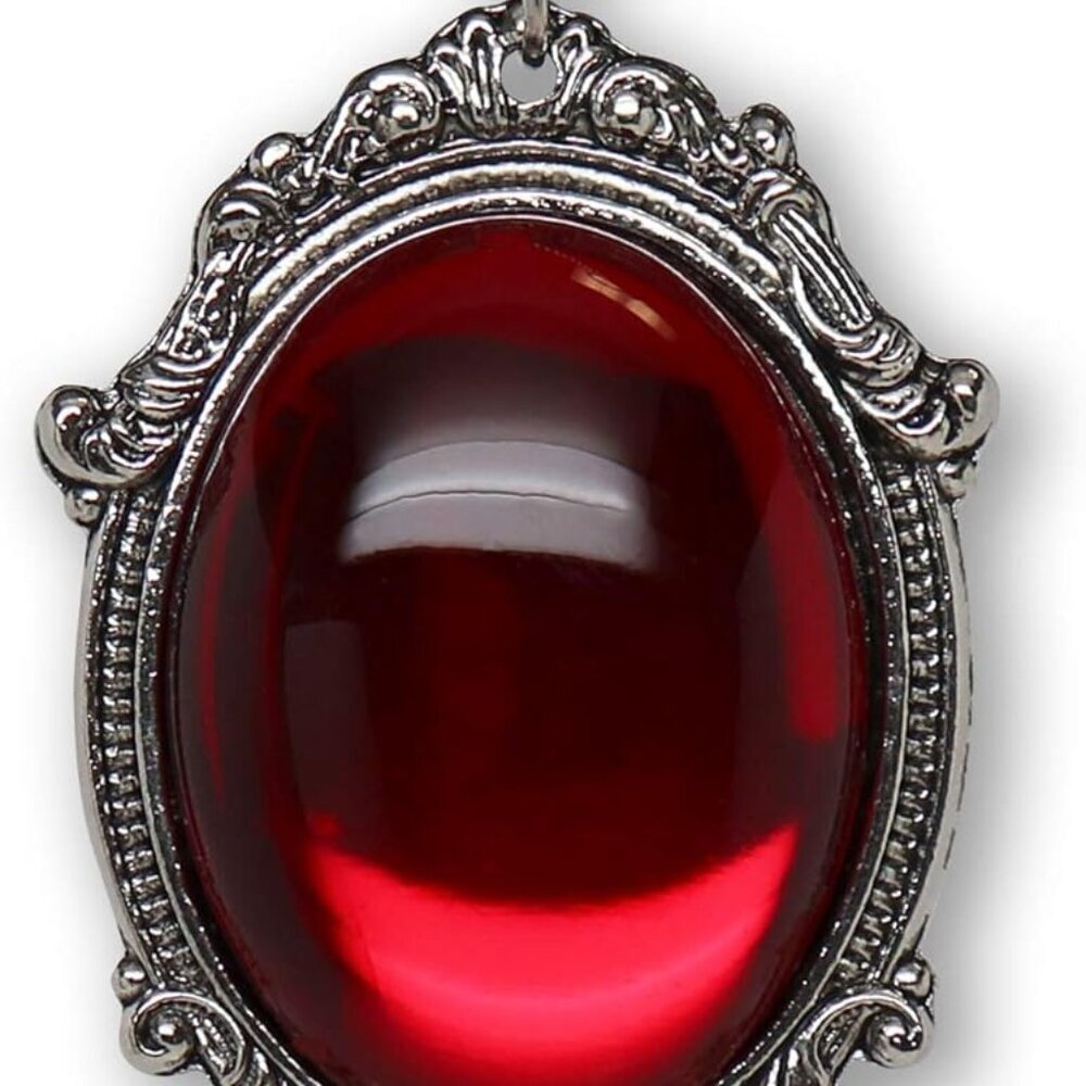 Blood Red Cabochon in Silver Finish Pewter Frame Pendant Necklace